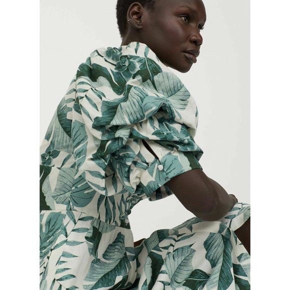 JOHANNA ORTIZ H&M COLLABORATION GREEN LEAF PRINT LINEN DRESS SIZE LARGE - Picture 5 of 10